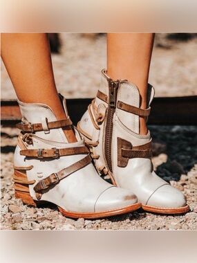freebird Crue Ivory Leather Ankle Boots with Brown Straps
